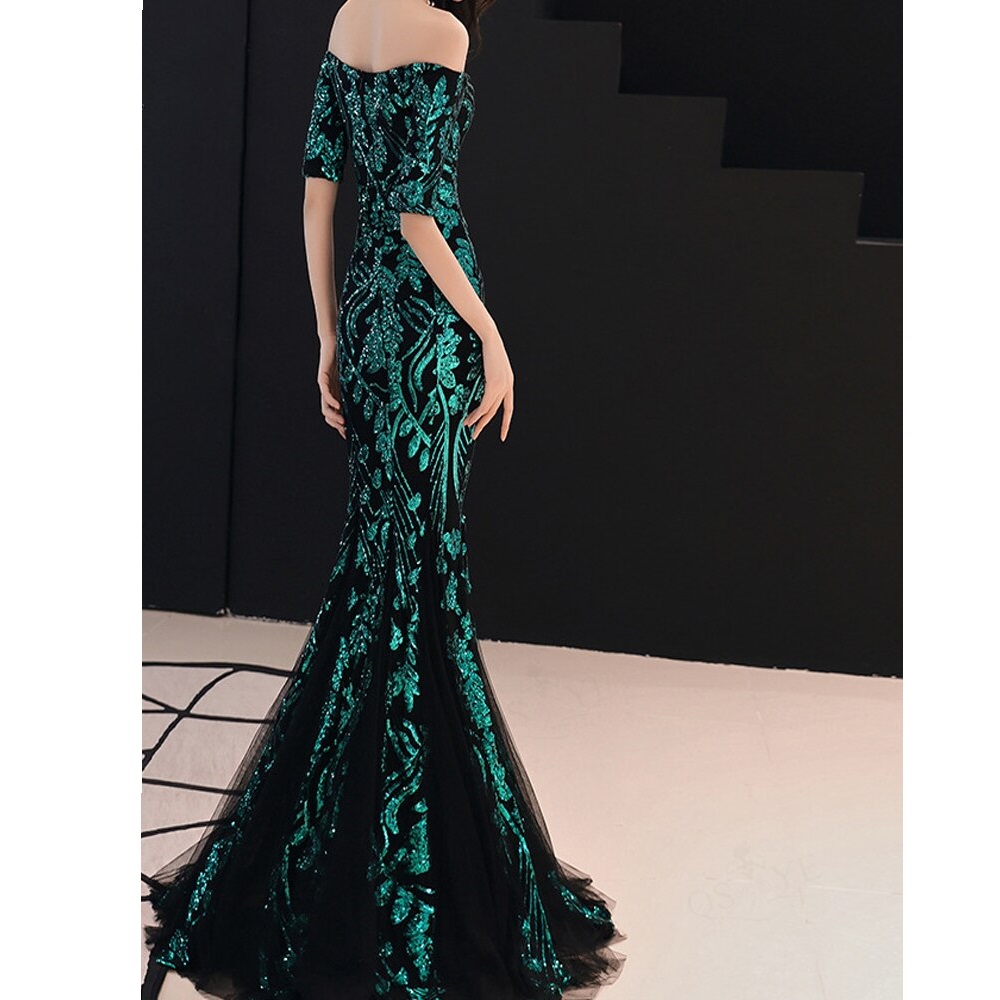 Emerald and Black Form Fitted Evening Dress #491 12A - BU Boutique